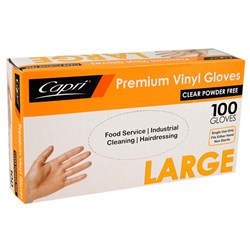 CAPRI CLEAR VINYL GLOVE LARGE P/FREE 100's
