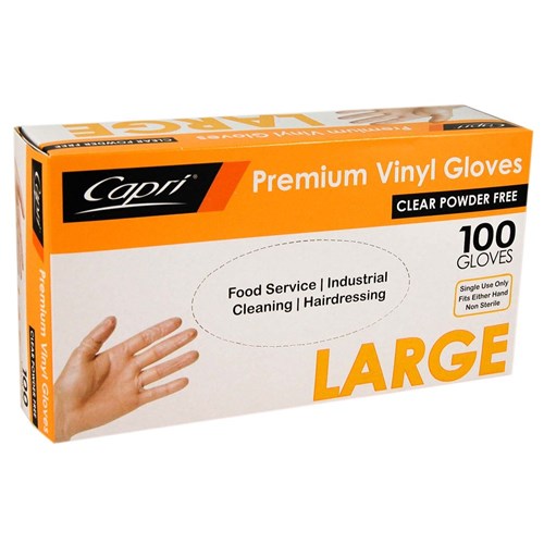 CAPRI CLEAR VINYL GLOVE LARGE P/FREE 100's