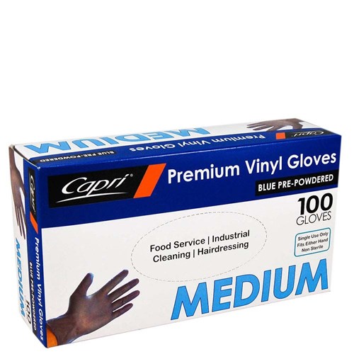 CAPRI BLUE VINYL GLOVE MED POWDER 100's